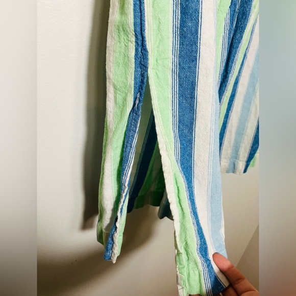 Indigo Rain 100% Linen Wide Leg Pants Pull On Belted Split Hem Sz Large Striped - Picture 2 of 7